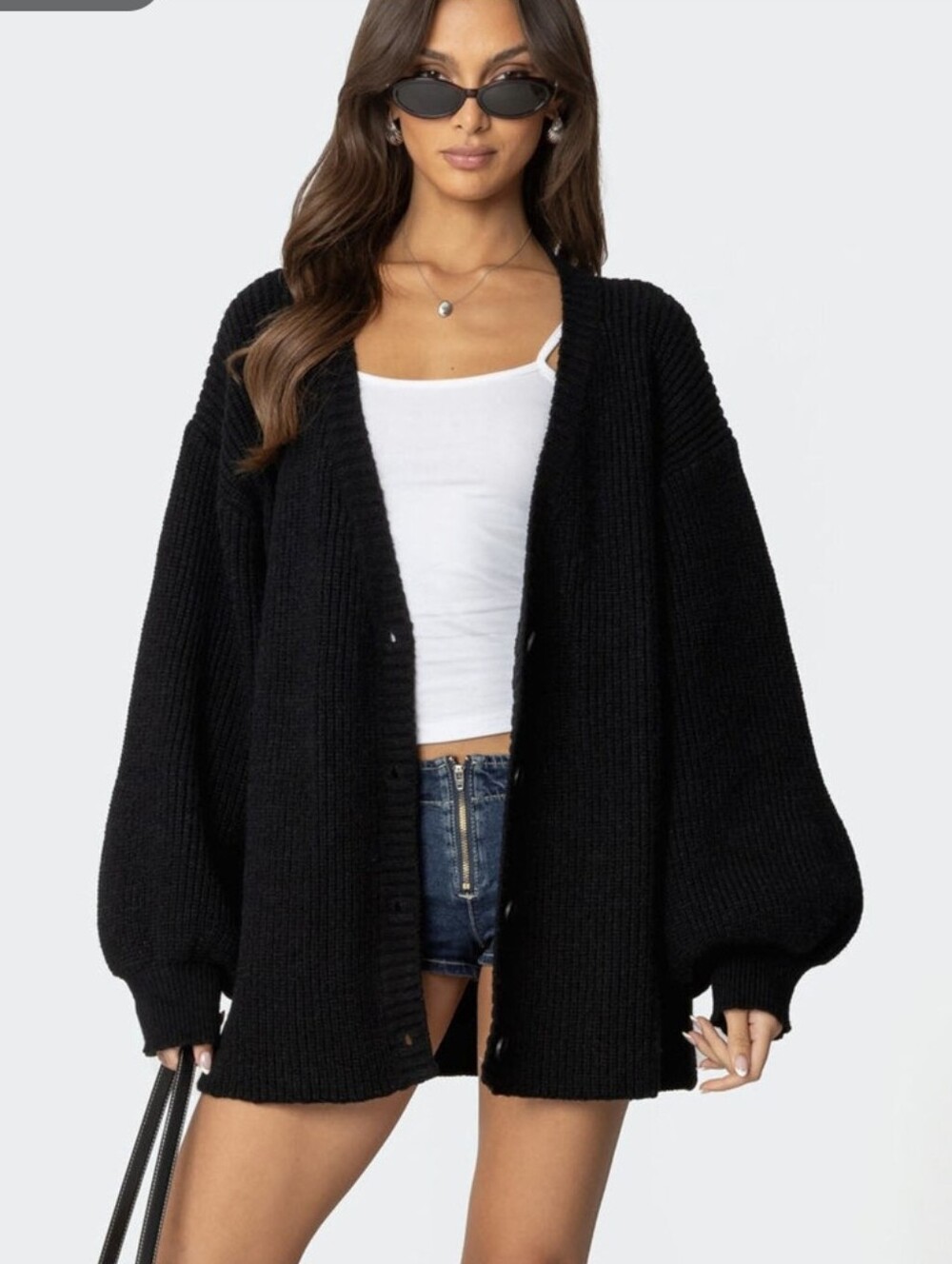 Edikted Mathilde Oversized Button V Neck Cardigan, Black, Size XS